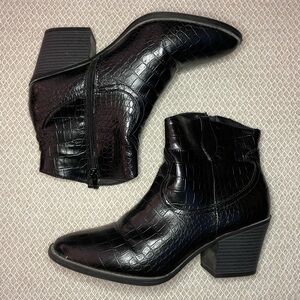 Black Croc-Embossed Ankle Boots